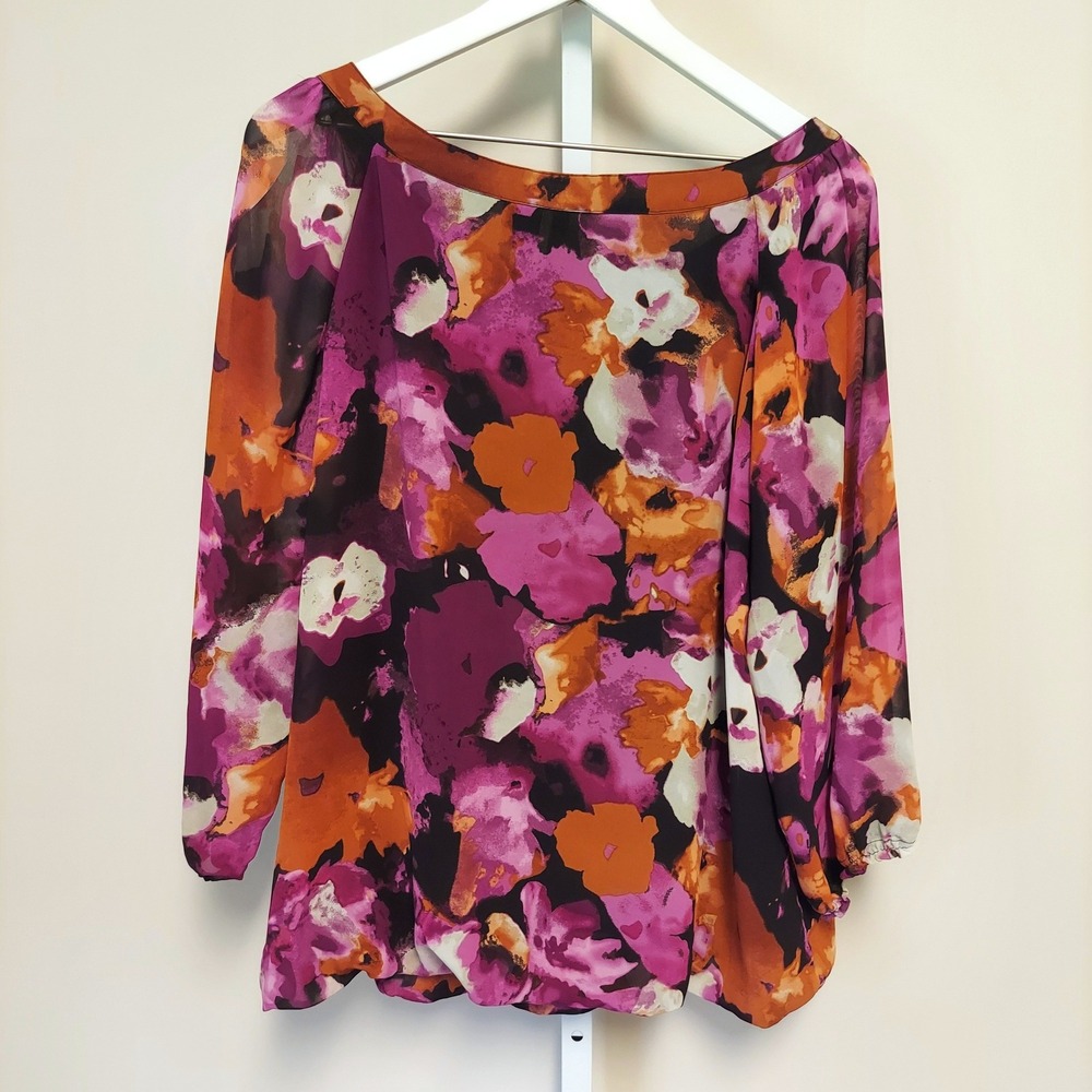 New Directions Woman 2X Floral Tie Neck Blouse Watercolor Floral Bubble Hem Top - Picture 3 of 7